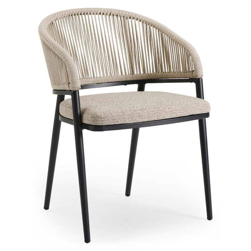 Lacrima tuinstoel in zwart aluminium en beige verticaal geweven ronde rope met kussen in catania beige All Weather Cosytica