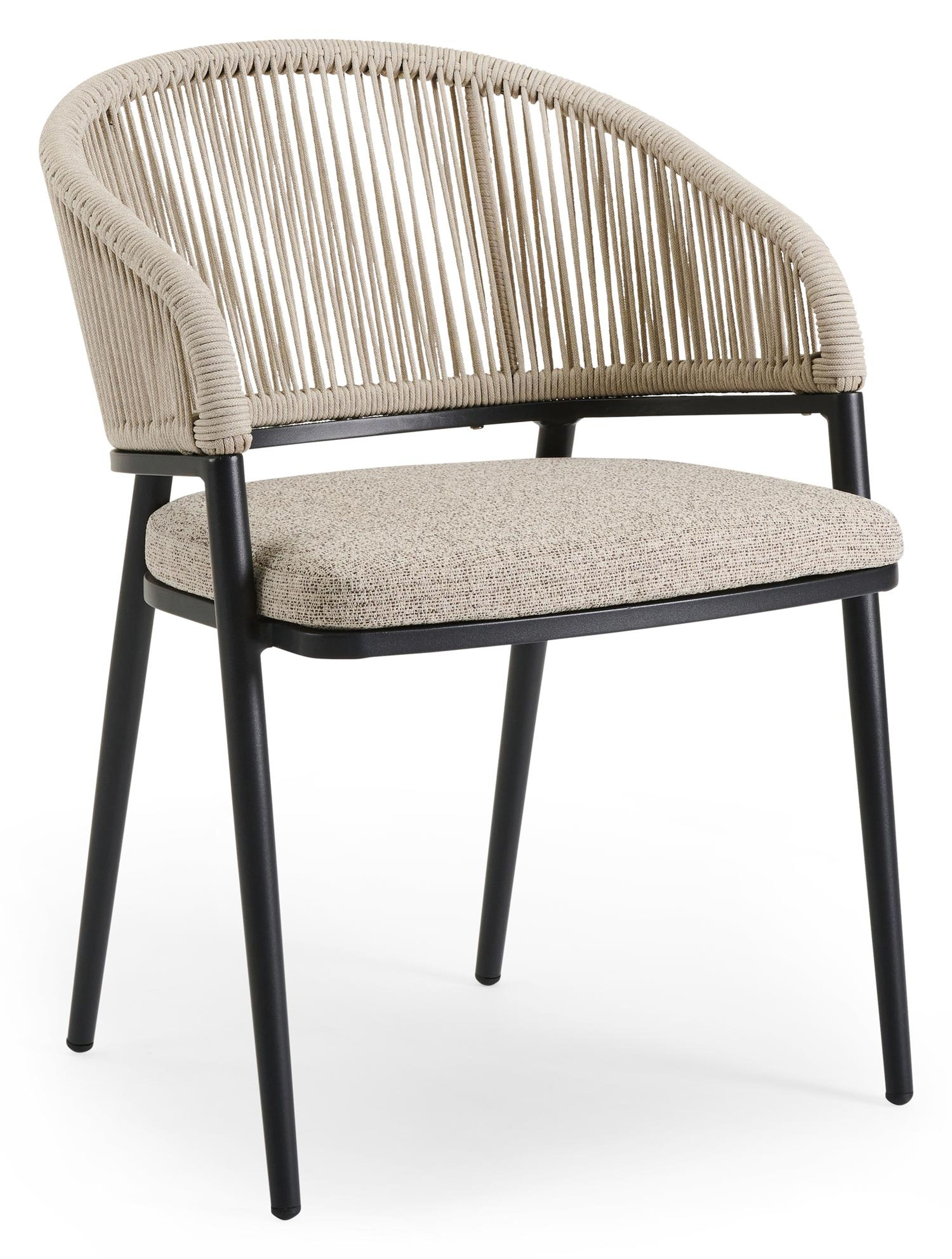 Lacrima tuinstoel in zwart aluminium en beige verticaal geweven ronde rope met kussen in catania beige All Weather Cosytica