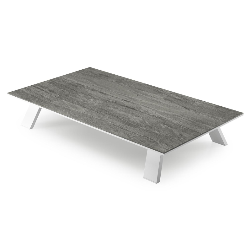 Table de basse Cesano rectangulaire en aluminium blanc et céramique pleine Aspen Grey - Lg. 140 x Lrg. 80 x Haut. 24.2 cm