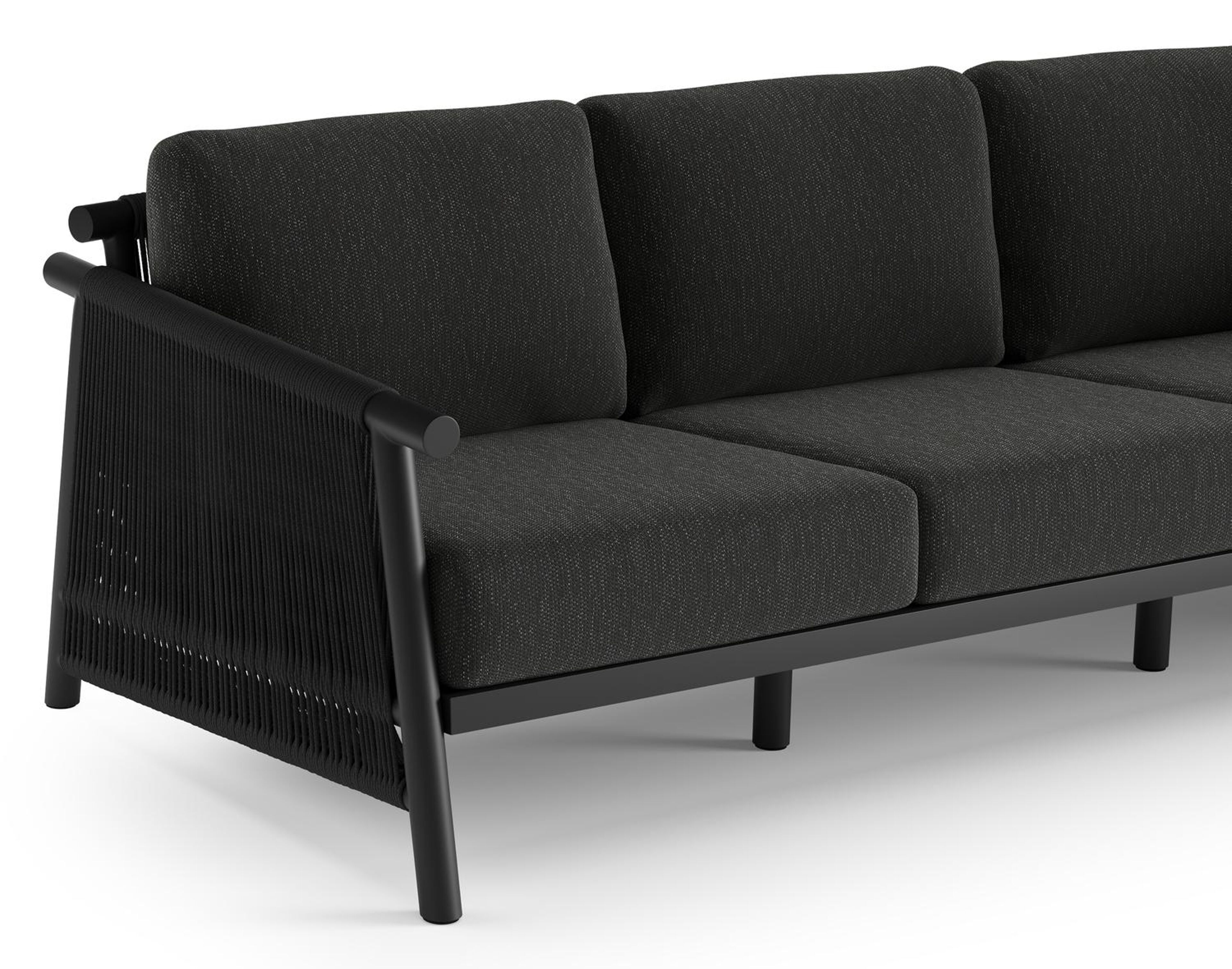 Salon de jardin Erla en aluminium noir et corde ronde tissée verticalement noir et coussins en weather+ softtouch noir