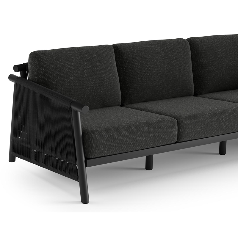 Salon de jardin Erla en aluminium noir et corde ronde tissée verticalement noir et coussins en weather+ softtouch noir