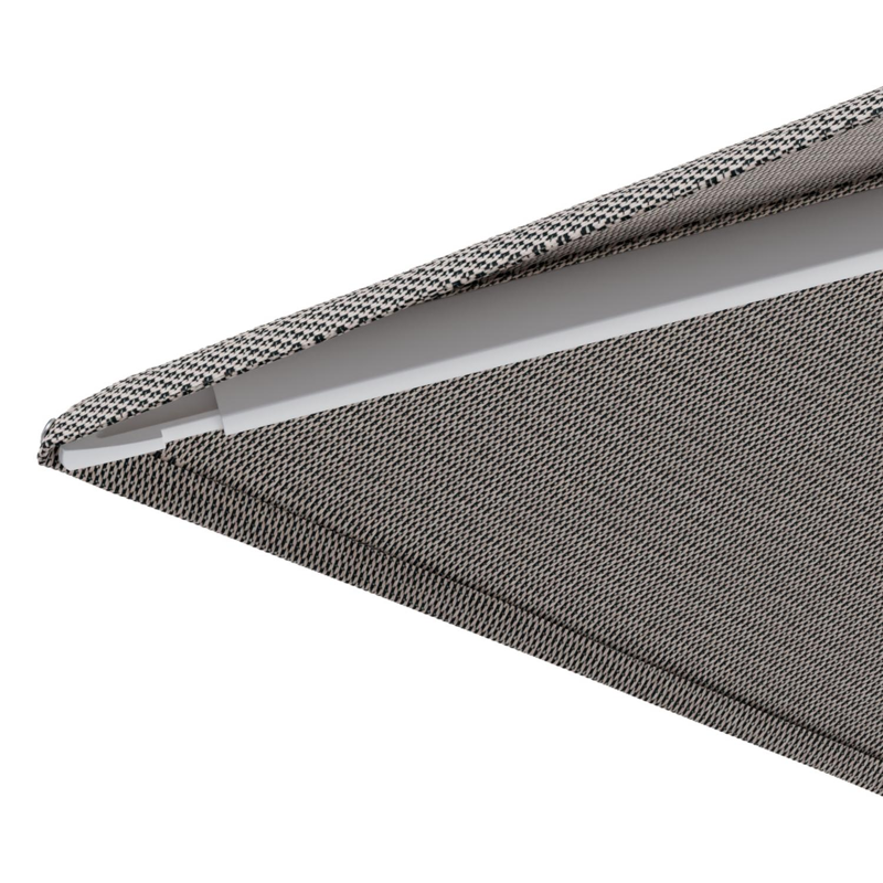 Minore zweefparasol met tiltfunctie in wit aluminium en Lopi Pepper All Weather Sunbrella® Luxe parasoldoek - L1 280 x L2: 370 cm met parasolvoet Minore 260 kg met wielen