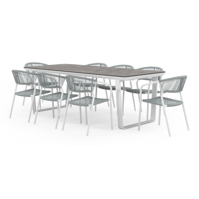 Ensemble de jardin Alora en aluminium blanc avec plateau de table en céramique imprimée gris et 8 chaises de jardin empilables Vigo