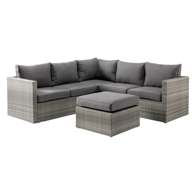 Salon de jardin d'angle Gio en résine tresée blanc-gris et aluminium avec coussin en gris et table basse