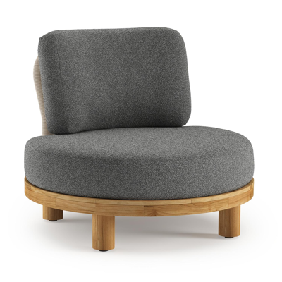 Donato loungestoel in teak en beige verticaal geweven ronde rope met all weather cosytica Catania Black kussen