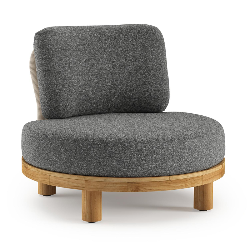 Donato loungestoel in teak en beige verticaal geweven ronde rope met all weather cosytica Catania Black kussen