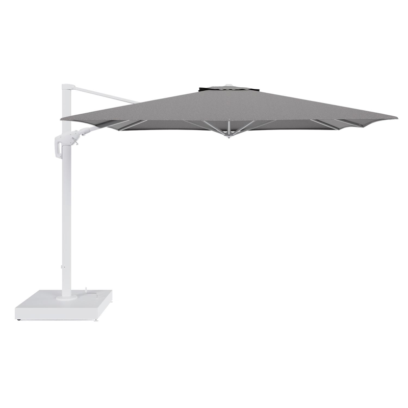 Minore zweefparasol met tiltfunctie in wit aluminium en Chartres Drizzle All Weather Sunbrella® Luxe parasoldoek - L1 350 x L2: 350 cm met parasolvoet Minore 260 kg met wielen