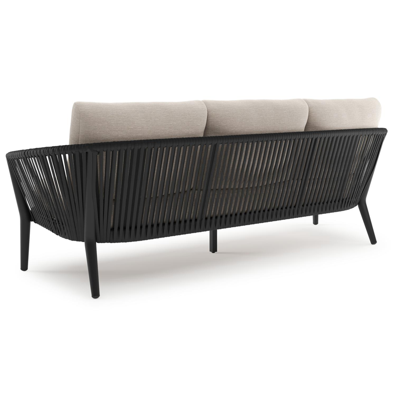 Orso loungebank in zwart aluminium en zwart verticaal geweven luxe vlakke rope met Slow Farafra all weather sunbrella® luxe kussen