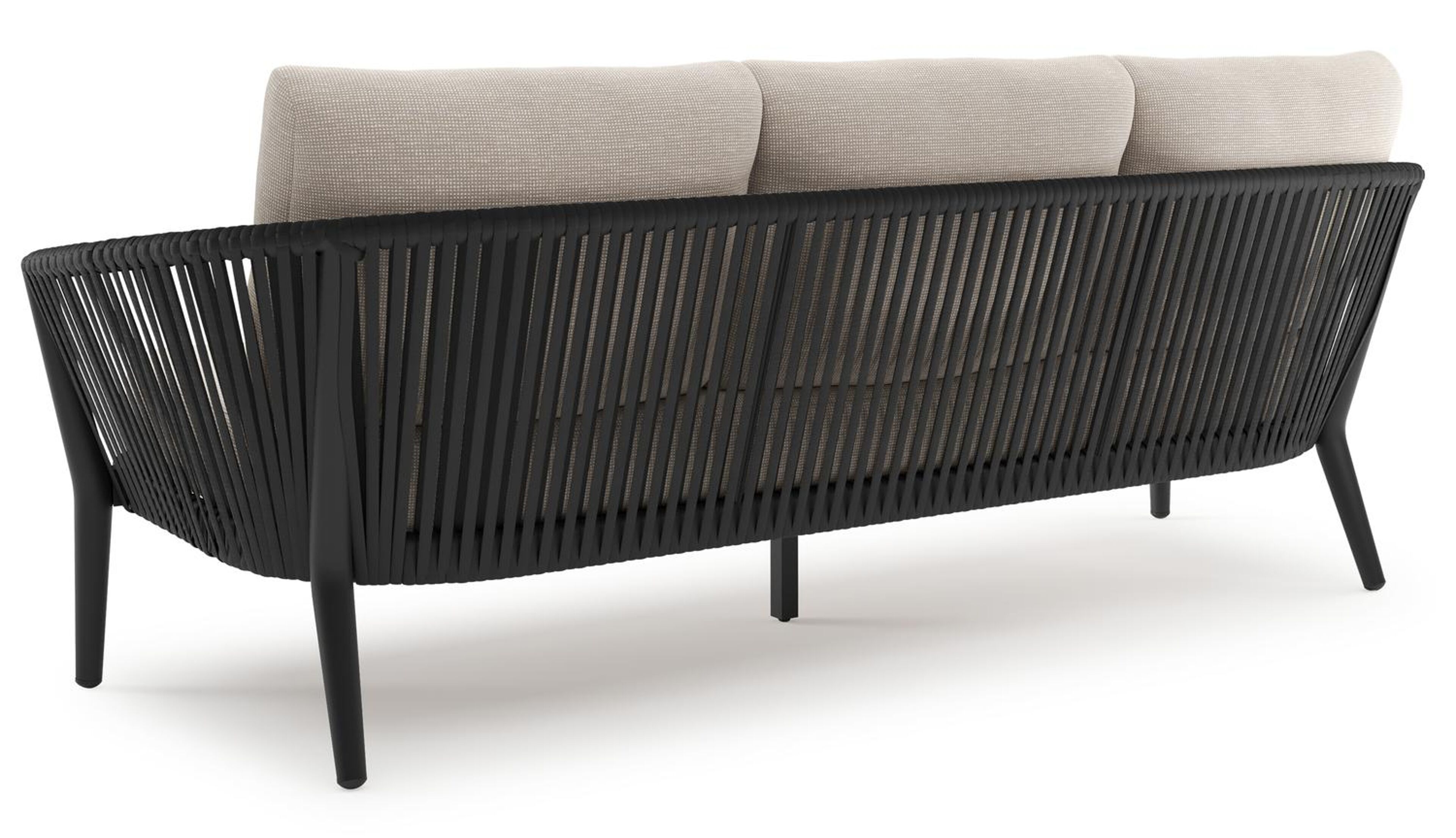Orso loungebank in zwart aluminium en zwart verticaal geweven luxe vlakke rope met Slow Farafra all weather sunbrella® luxe kussen