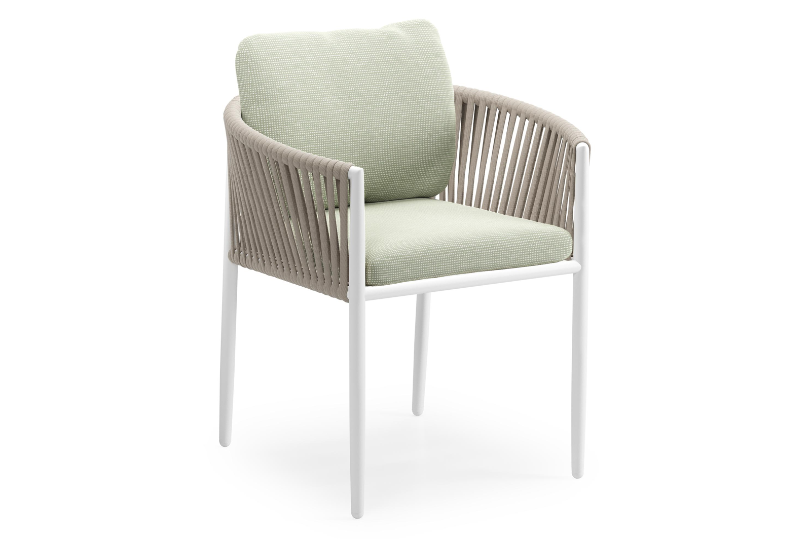 Chaise de jardin Organo en aluminium blanc et corde luxe plate tissée verticalement beige avec coussin en All Weather Sunbrella® Luxe Slow Spirea