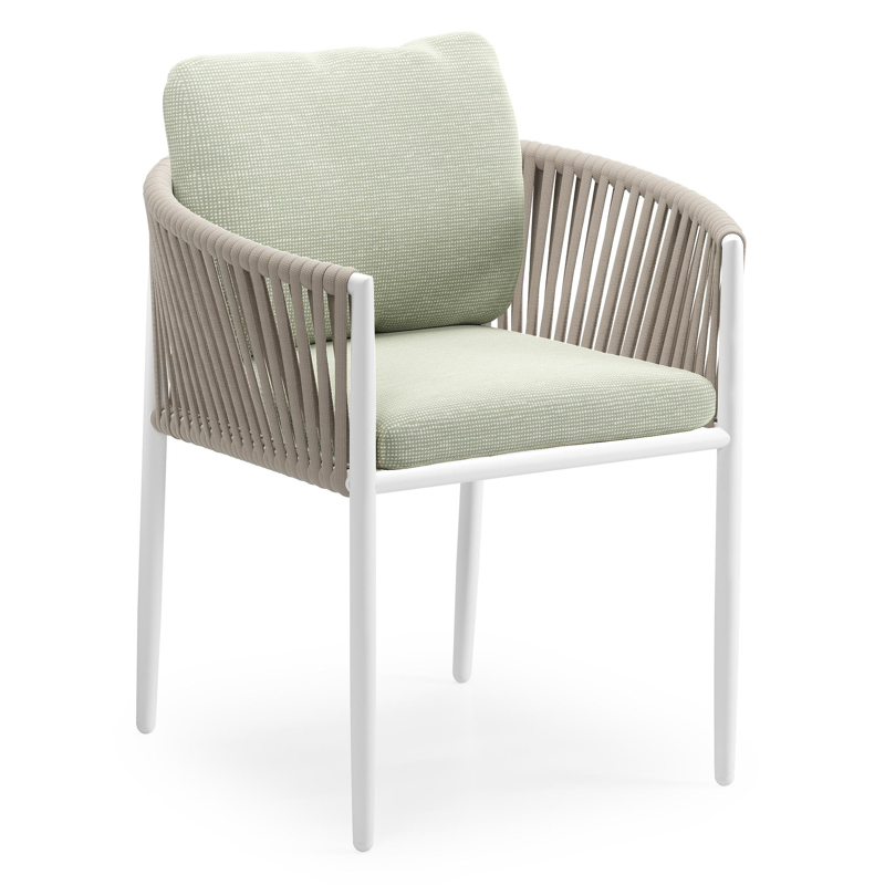 Organo tuinstoel in wit aluminium en beige verticaal geweven luxe vlakke rope met zitkussen in All Weather Sunbrella® Luxe Slow Spirea