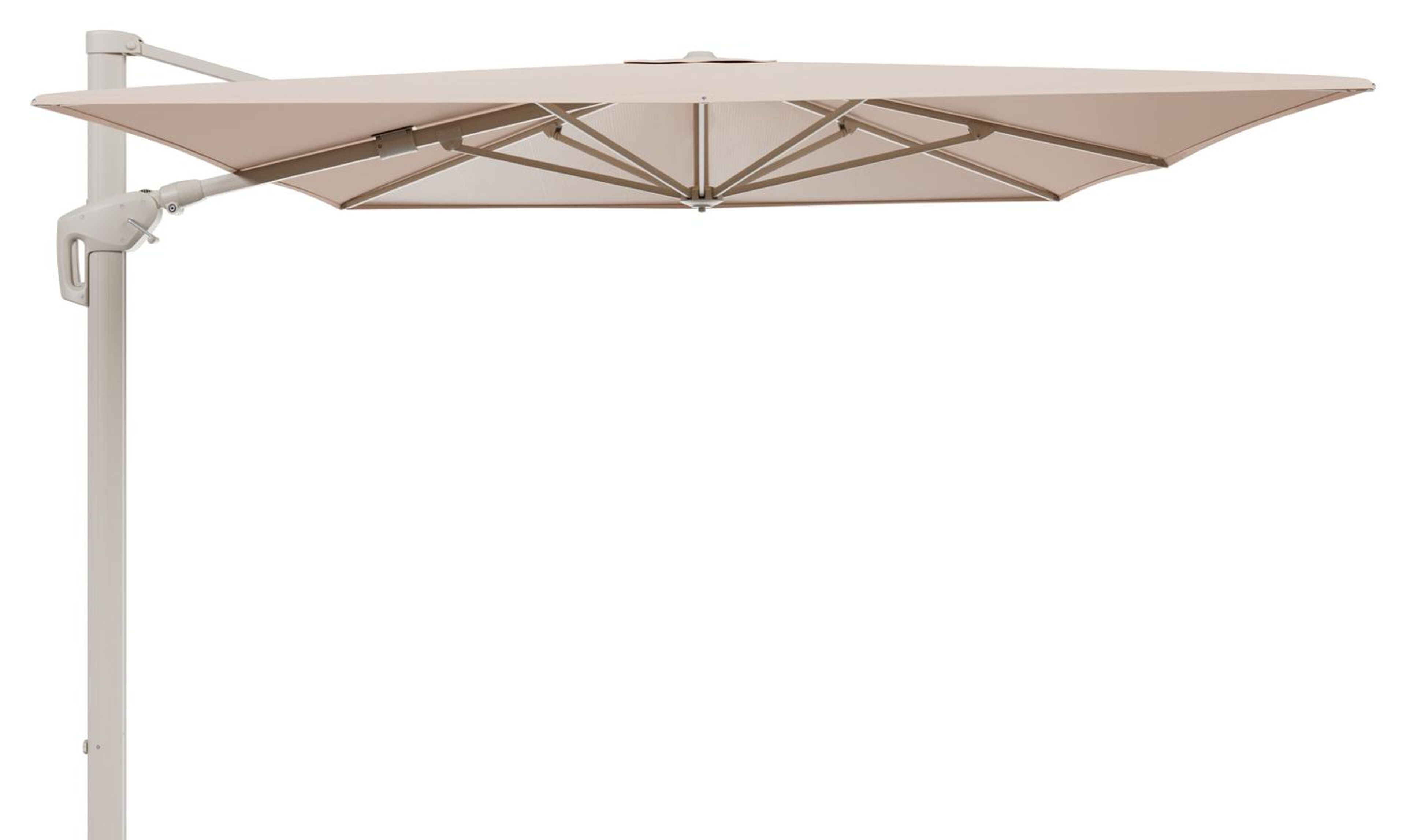 Parasol pendant Minore avec fonction tilt en aluminium beige et toile de parasol All Weather Sunbrella® Luxe Natte Linen Chalk - Lg1 400 x Lg2 300 cm (sans pied de parasol)