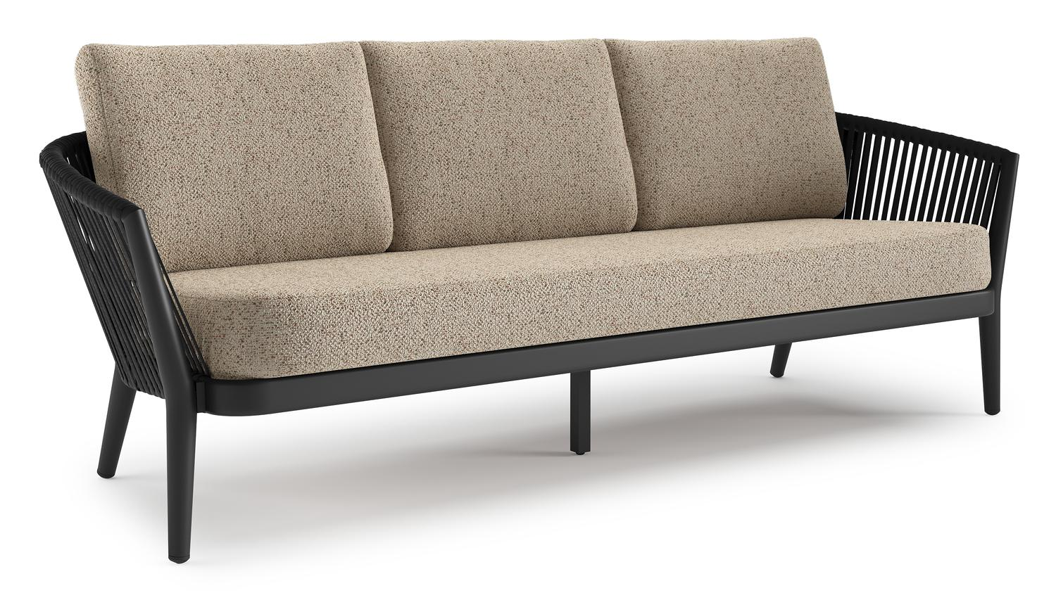 Orso loungebank in zwart aluminium en zwart verticaal geweven ronde rope met Bora Jungle all weather cosytica kussen