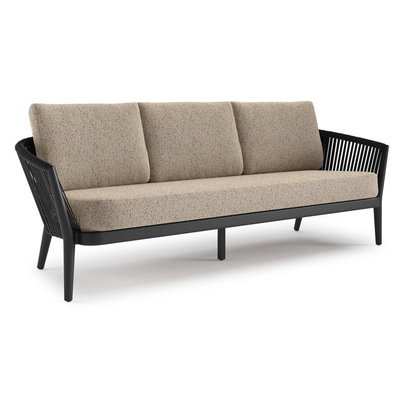 Orso loungebank in zwart aluminium en zwart verticaal geweven ronde rope met Bora Jungle all weather cosytica kussen