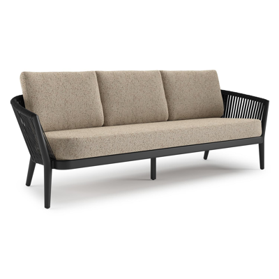 Canapé de jardin Orso en aluminium noir en corde ronde tissée verticalement noir et coussins en all weather cosytica Bora Jungle