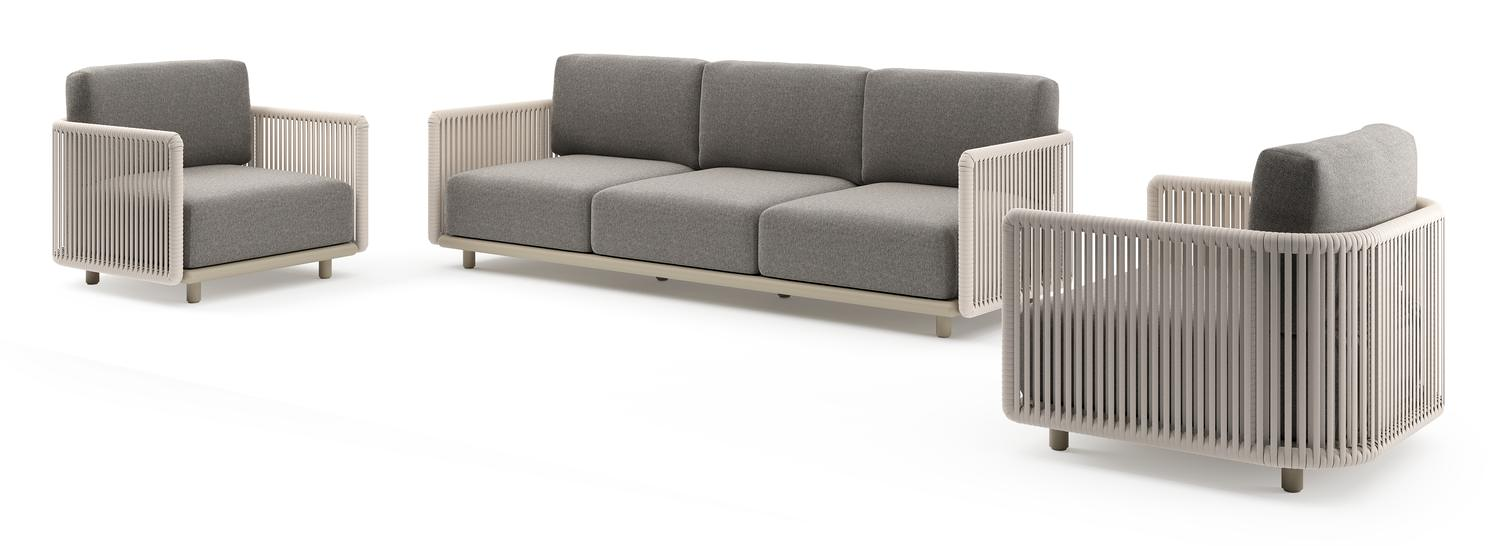 Organo loungeset in beige aluminium en beige verticaal geweven luxe vlakke rope met chartres drizzle all weather Sunbrella® luxe kussen