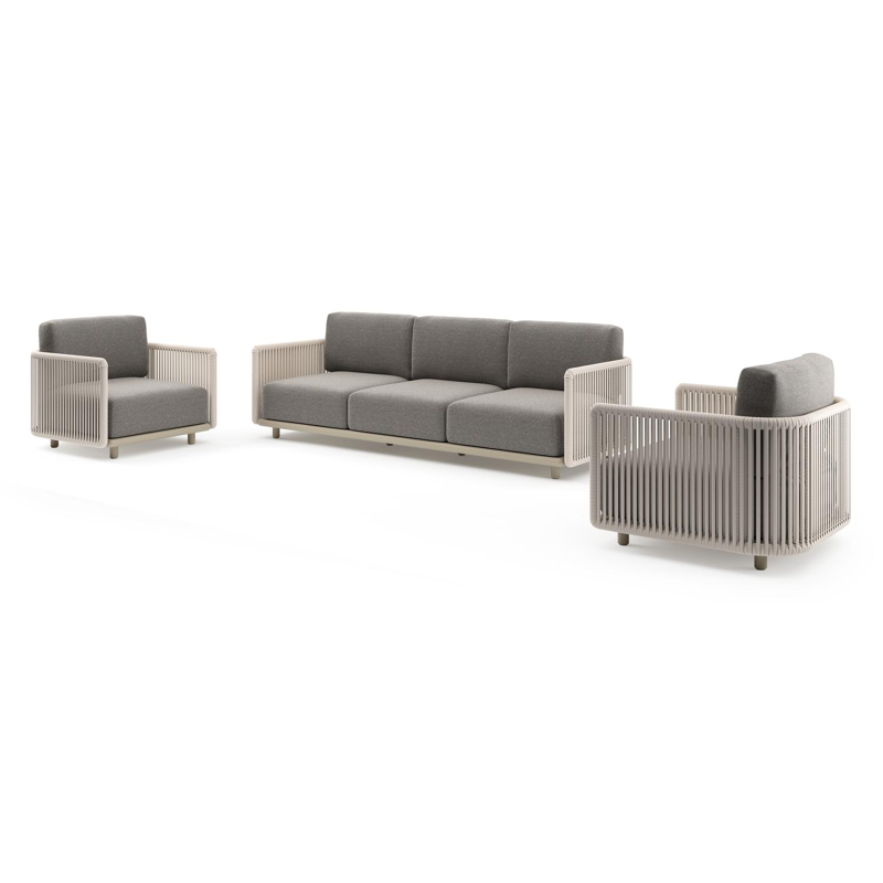 Organo loungeset in beige aluminium en beige verticaal geweven luxe vlakke rope met chartres drizzle all weather Sunbrella® luxe kussen