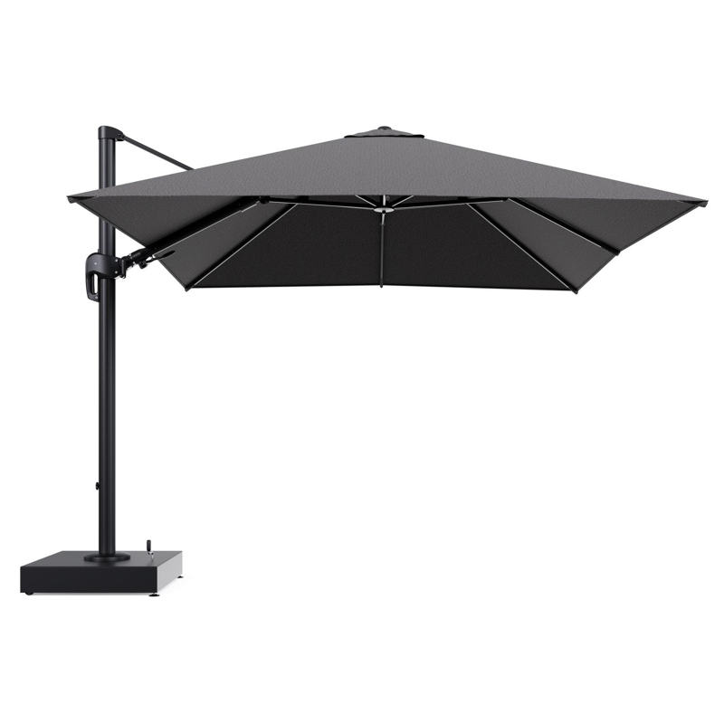 Rufina zweefparasol met tiltfunctie in zwart aluminium en Firenze Tunder All Weather Solica parasoldoek - L1 300 x L2 300 cm met parasolvoet Minore 150 kg met wielen