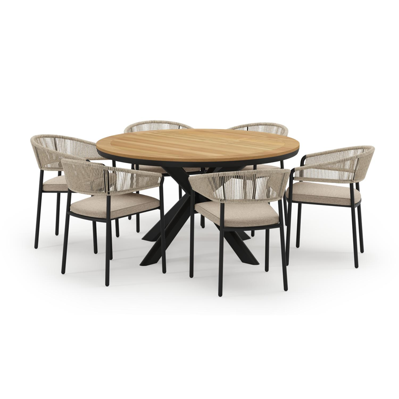 Pamplona ronde tuinset in zwart aluminium en teak naturel met 6 Zamora tuinstoelen