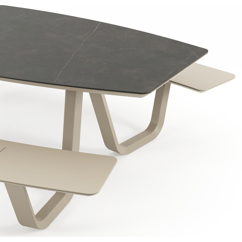 Table de pique-nique Forno forme de bateau forme de bateau en aluminium beige et céramique pleine Calatorao - Lg. 240 x Lrg. 181 x Haut. 72 cm