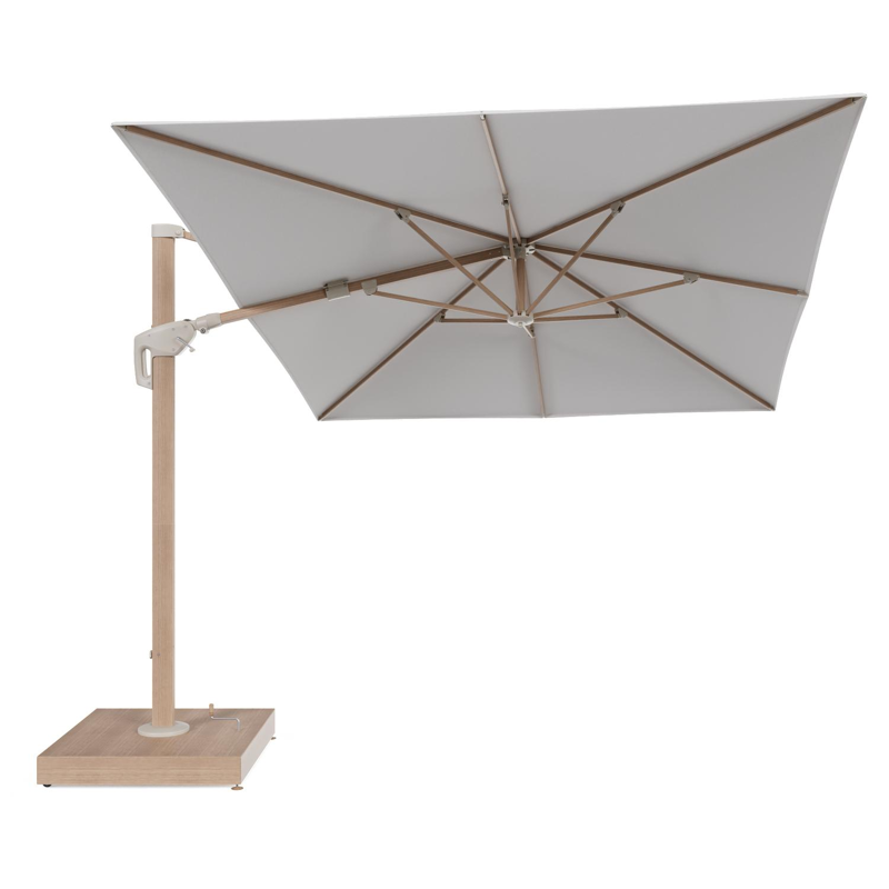 Minore zweefparasol met tiltfunctie in houtlook aluminium en Soul Optik All Weather Solica parasoldoek - L1 400 x L2 300 cm met parasolvoet Minore 260 kg met wielen