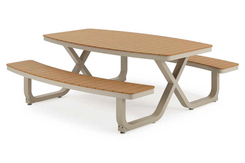 Alora picknicktafel in beige aluminium en polywood - L 200 x B 216 x H 73,5 cm