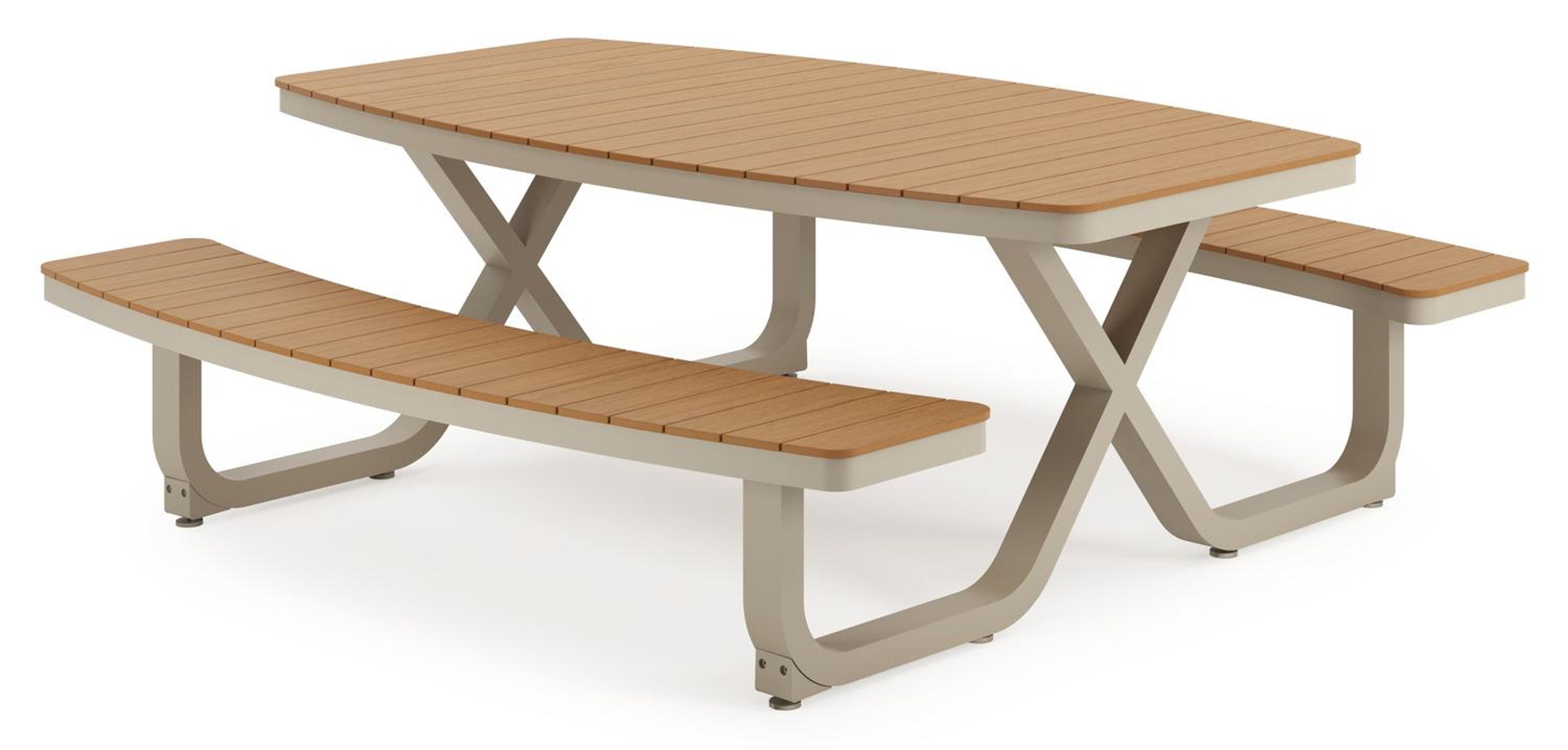 Table de pique-nique Alora en aluminium beige et polywood - Lg 200 x Lrg. 216 x Haut. 73,5 cm