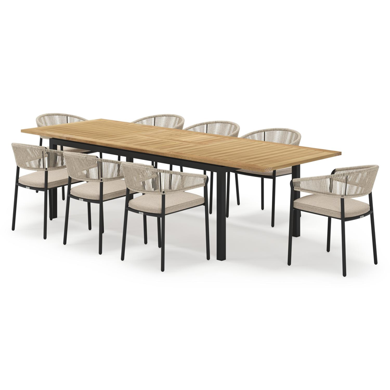 Amalfi rechthoekige uitschuifbare tuinset in zwart aluminium en teak naturel met 8 Zamora tuinstoelen