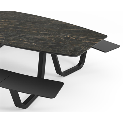 Forno picknicktafel bootvorm in zwart aluminium en volkeramiek black obsession tafelblad - L 280 x B 192 x 72 cm