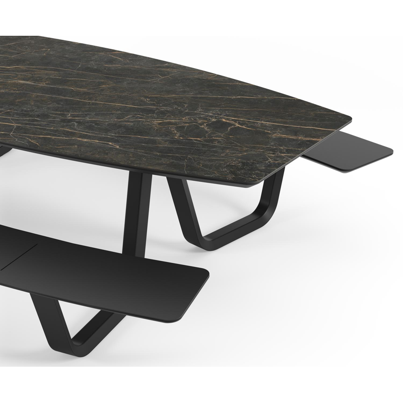 Forno picknicktafel bootvorm in zwart aluminium en volkeramiek black obsession tafelblad - L 280 x B 192 x 72 cm