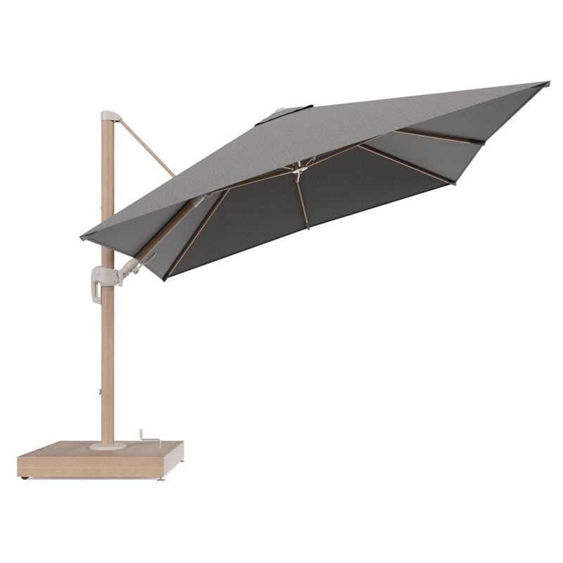 Rufina zweefparasol met tiltfunctie in houtlook aluminium en Chartres Drizzle All Weather Sunbrella® Luxe parasoldoek - L1 300 x L2 300 cm met parasolvoet Minore 260 kg met wielen