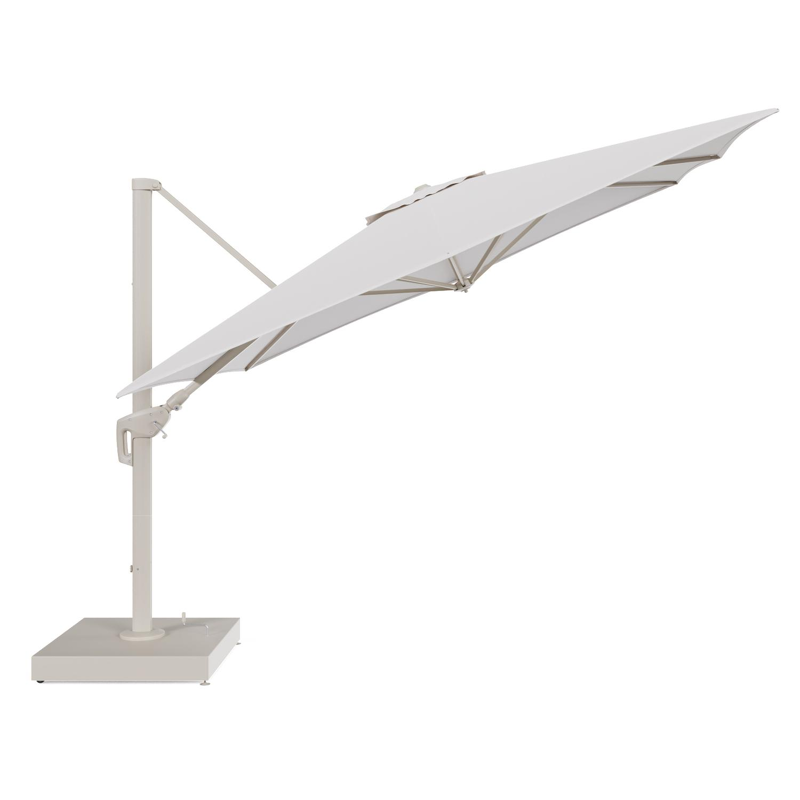 Minore zweefparasol met tiltfunctie in beige aluminium en Ego Eggshell All Weather Solica parasoldoek - L1 350 x L2 350 cm met parasolvoet Minore 260 kg met wielen