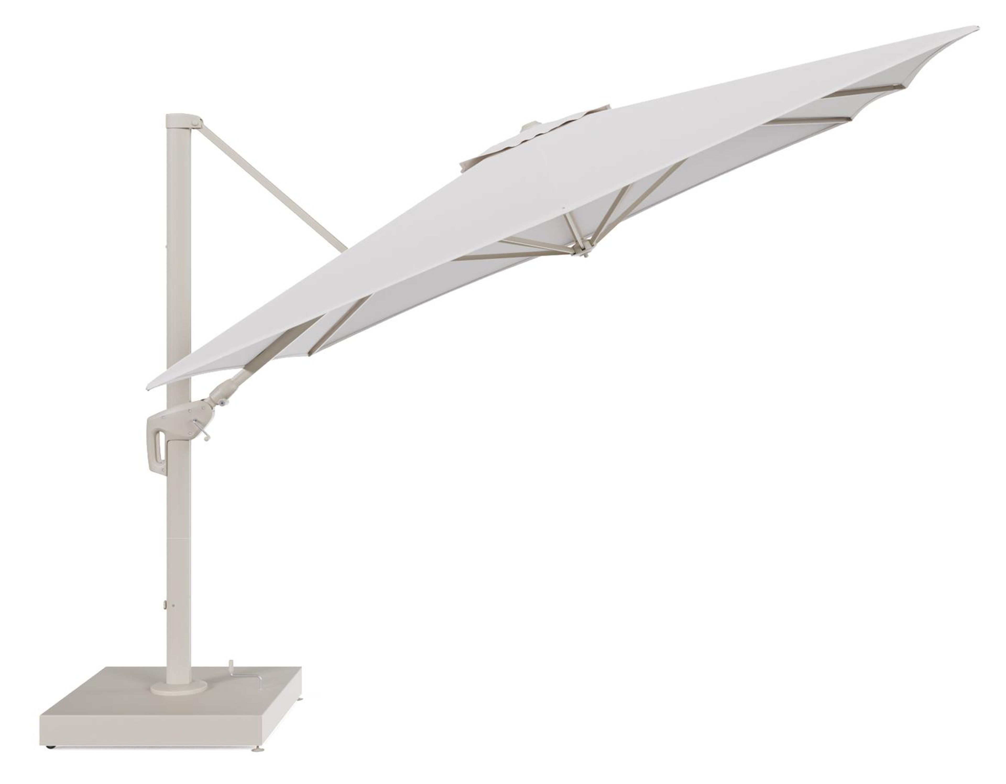 Minore zweefparasol met tiltfunctie in beige aluminium en Ego Eggshell All Weather Solica parasoldoek - L1 350 x L2 350 cm met parasolvoet Minore 260 kg met wielen