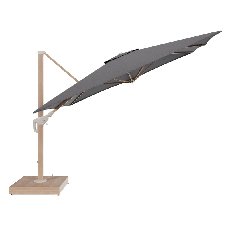 Minore zweefparasol met tiltfunctie in houtlook aluminium en Firenze Tunder All Weather Solica parasoldoek - L1 350 x L2 350 cm met parasolvoet Minore 260 kg met wielen