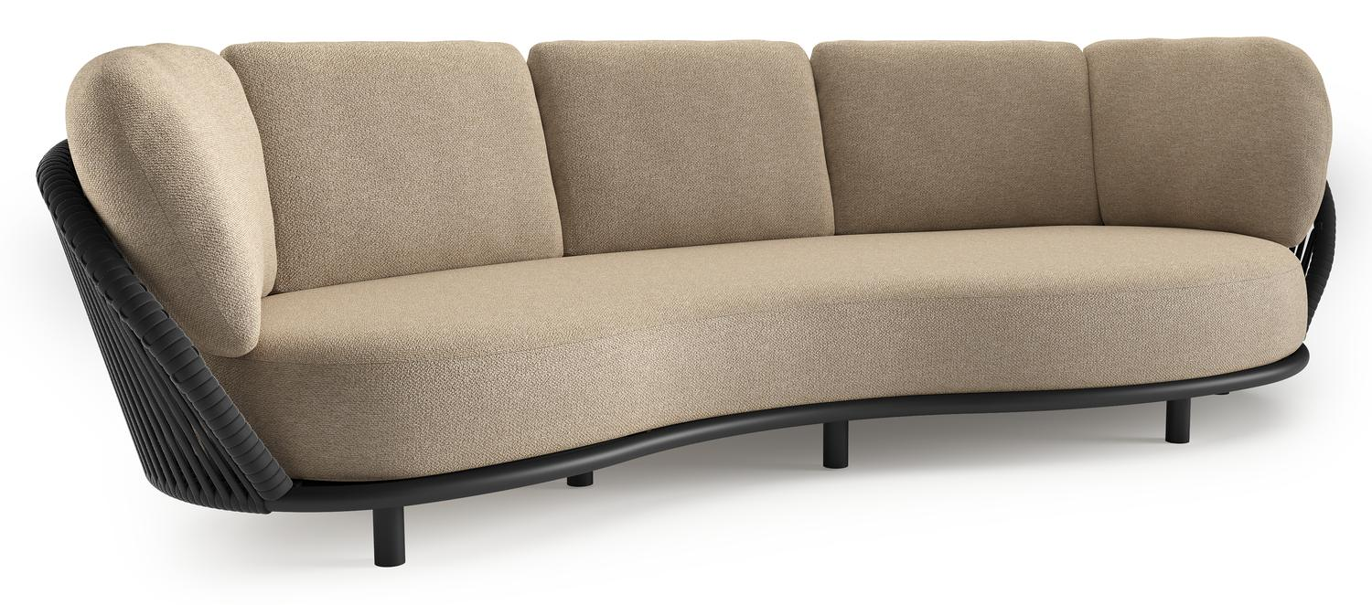 Lupino loungebank in zwart aluminium en zwart verticaal geweven luxe vlakke brede rope met madagascar oak all weather cosytica kussen