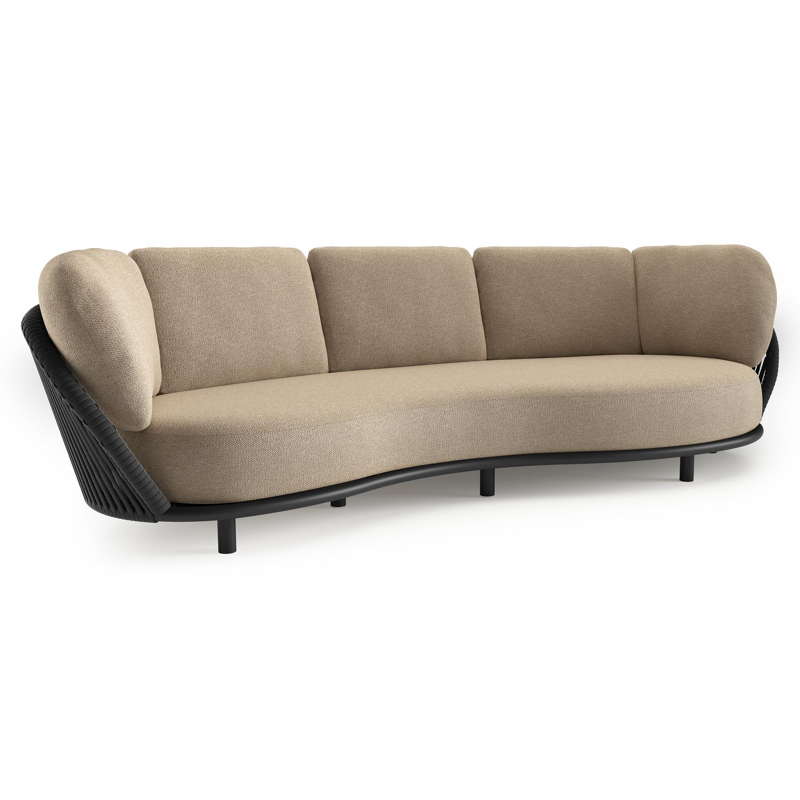 Lupino loungebank in zwart aluminium en zwart verticaal geweven luxe vlakke brede rope met madagascar oak all weather cosytica kussen