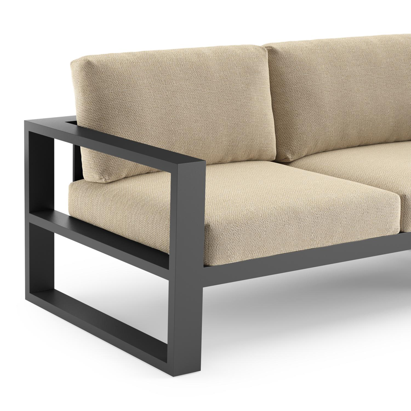 Verato loungehoek in zwart aluminium met althea camel all weather cosytica kussen