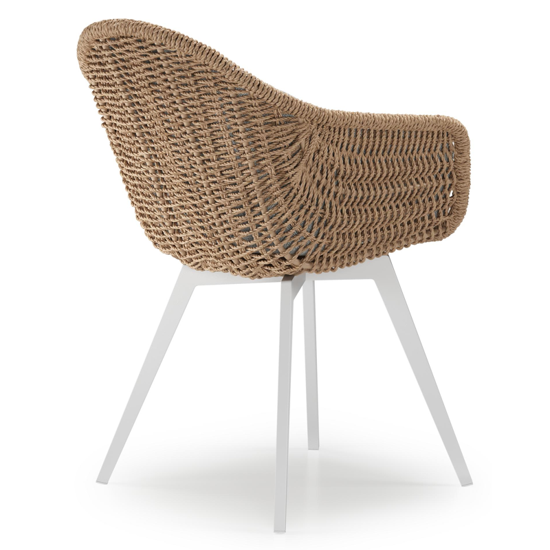 Pagino tuinstoel in wit aluminium en naturel ronde wicker met zitkussen in All Weather Sunbrella® Luxe Savane Nimbus