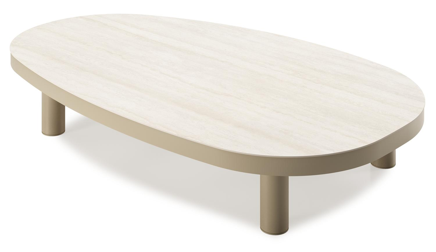 Table de basse Donato organique en aluminium beige et céramique pleine Travertino Bianco - Lg. 150.5 x Lrg. 90 x Haut. 24.5 cm