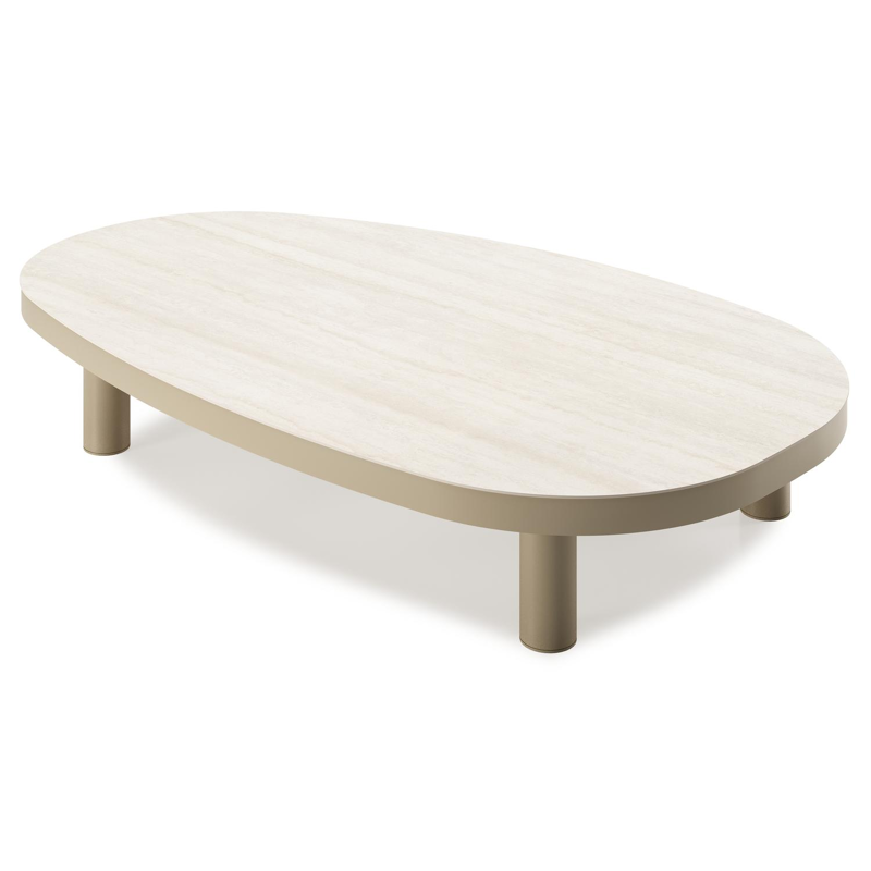 Table de basse Donato organique en aluminium beige et céramique pleine Travertino Bianco - Lg. 150.5 x Lrg. 90 x Haut. 24.5 cm