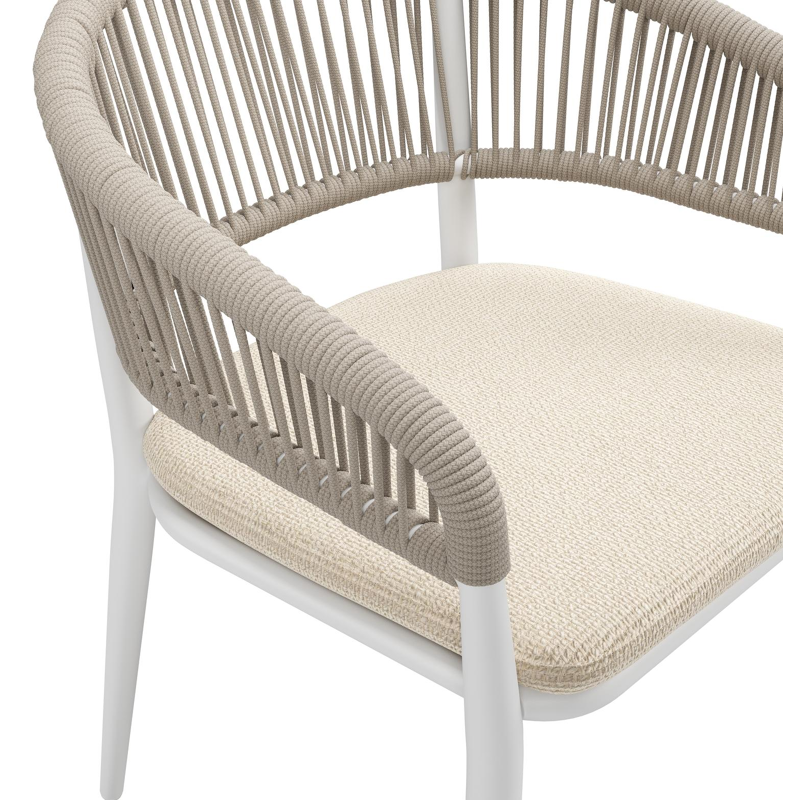 Tolfa stapelbare tuinstoel in wit aluminium en beige verticaal geweven ronde rope met stoelkussen in All Weather Cosytica Althea Chalk