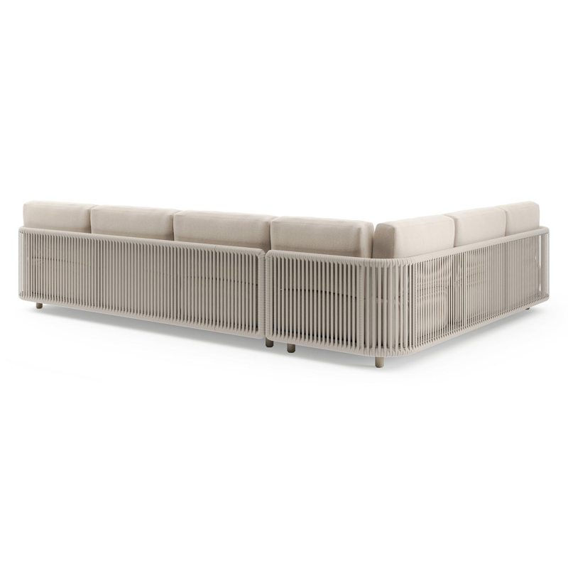 Organo loungehoek in beige aluminium en beige verticaal geweven luxe vlakke rope met heritage ash all weather Sunbrella® luxe kussen