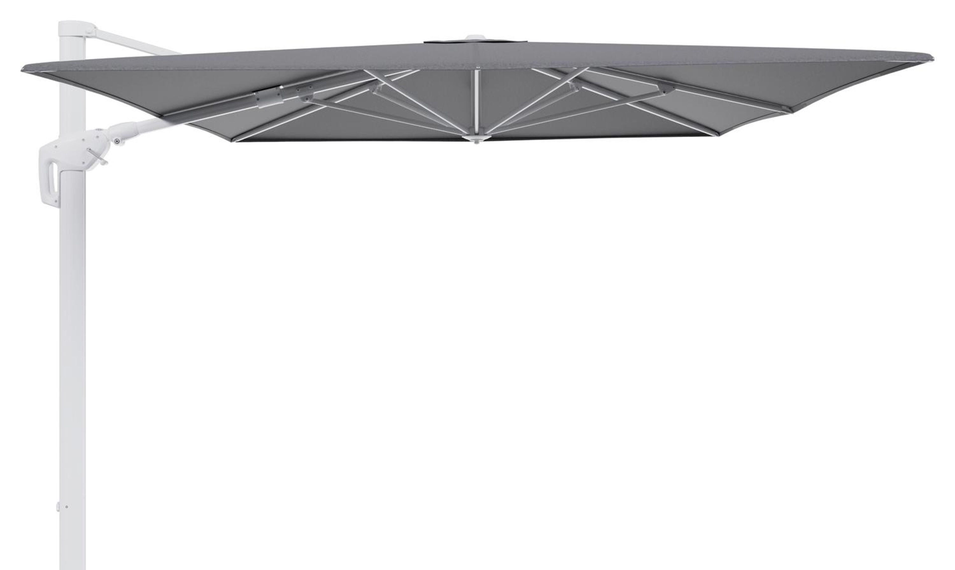 Parasol pendant Minore avec fonction tilt en aluminium blanc et toile de parasol en All Weather Sunbrella® Luxe Heritage Slate  - Lg.1 400 x Lg.2 300 cm (sans pied de parasol)