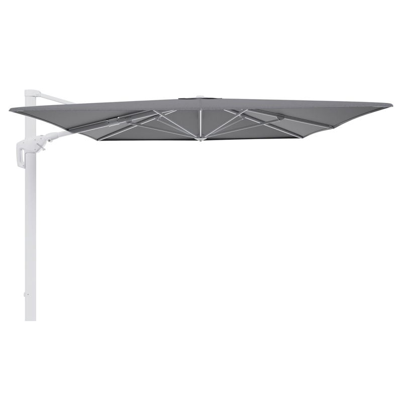 Parasol pendant Minore avec fonction tilt en aluminium blanc et toile de parasol en All Weather Sunbrella® Luxe Heritage Slate - Lg.1 400 x Lg.2 300 cm (sans pied de parasol)