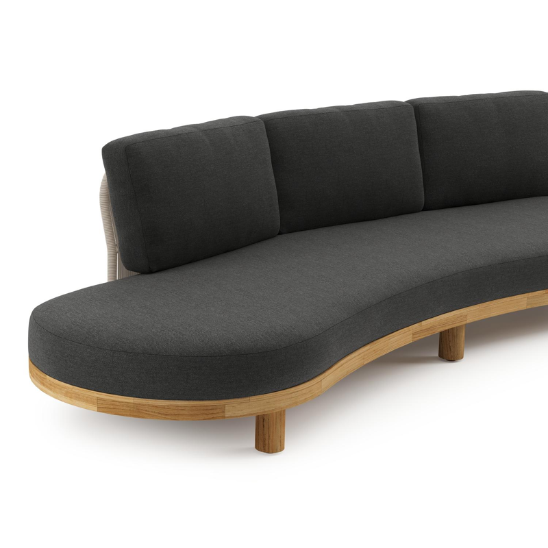 Canapé de jardin Donato en teck et corde ronde tissée verticalement beige et coussins en all weather sunbrella® luxe Chartres Sooty