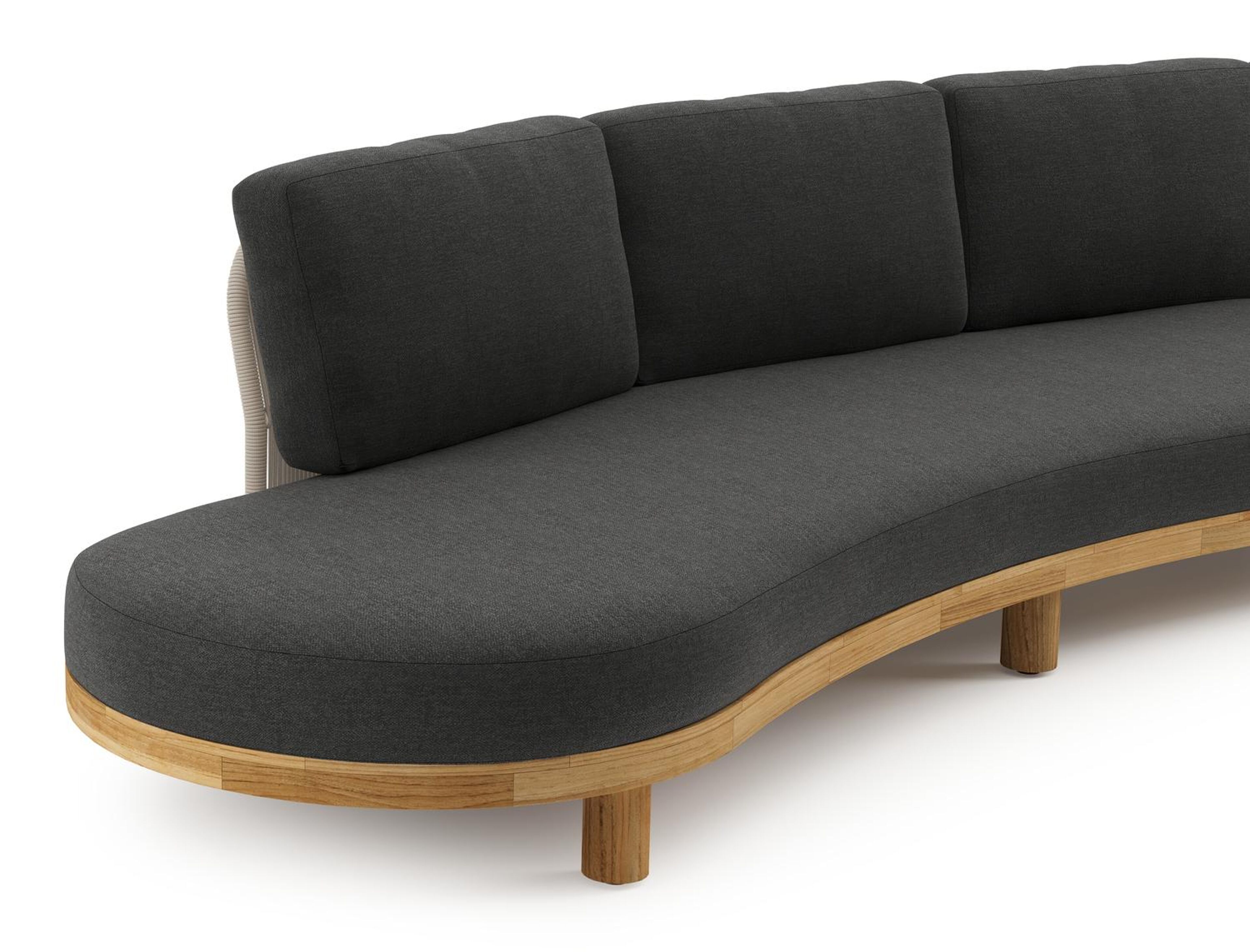 Donato loungebank in teak en beige verticaal geweven ronde rope met all weather sunbrella® luxe Chartres Sooty kussen