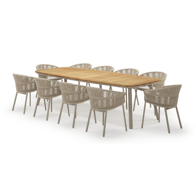 Mosa bootvormige tuinset in beige aluminium en teak natural finish met 10 Matera tuinstoelen