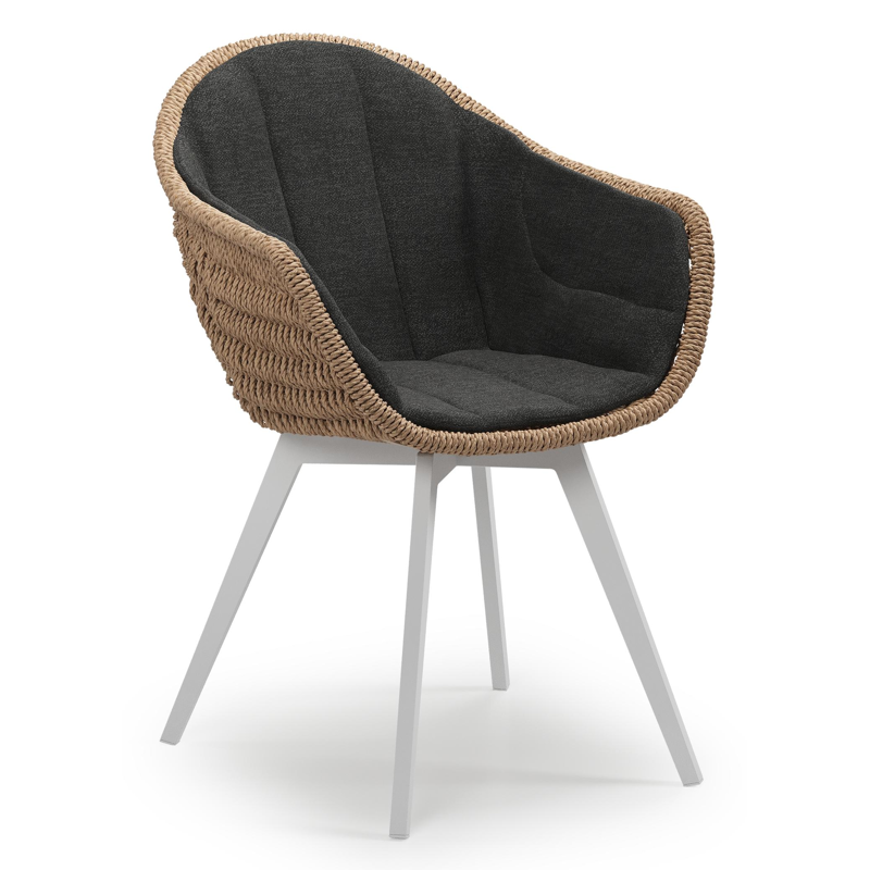 Pagino tuinstoel in wit aluminium en naturel ronde wicker met zitkussen in All Weather Sunbrella® Luxe Chartres Sooty