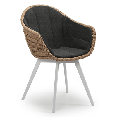 Pagino tuinstoel in wit aluminium en naturel ronde wicker met zitkussen in All Weather Sunbrella® Luxe Chartres Sooty