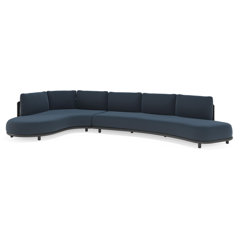 Lomano loungehoek in zwart aluminium en zwart verticaal geweven luxe vlakke rope met heritage indigo All Weather Sunbrella® luxe kussen